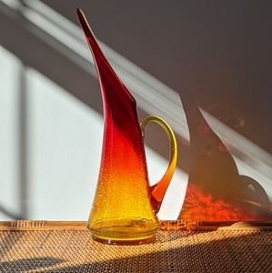 (Sold)Set Of 1960's Vintage Kanawha Hand blown Amberina Crackle Glass Pitchers